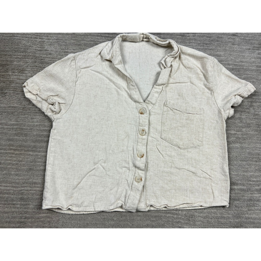 Love Notes Top Womens Medium Beige Linen Blend Button Front Cropped Boho Blouse